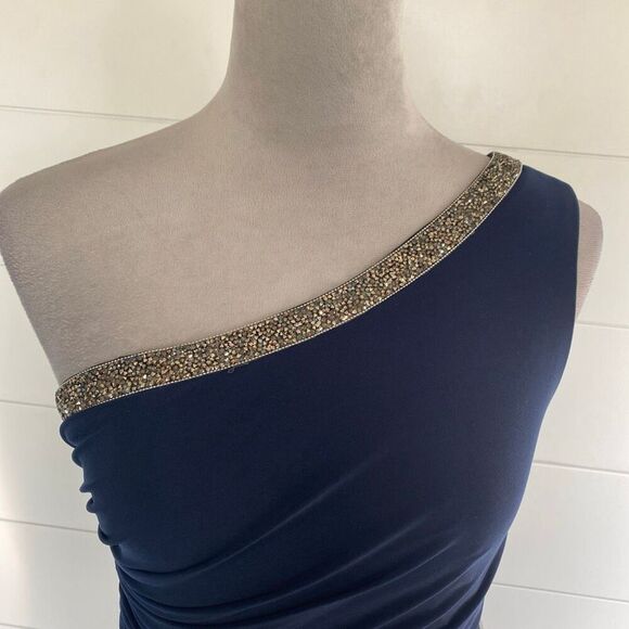 Adrianna Papell One-Shoulder Jersey Gown Navy Blue Sz 2 - Picture 3 of 13